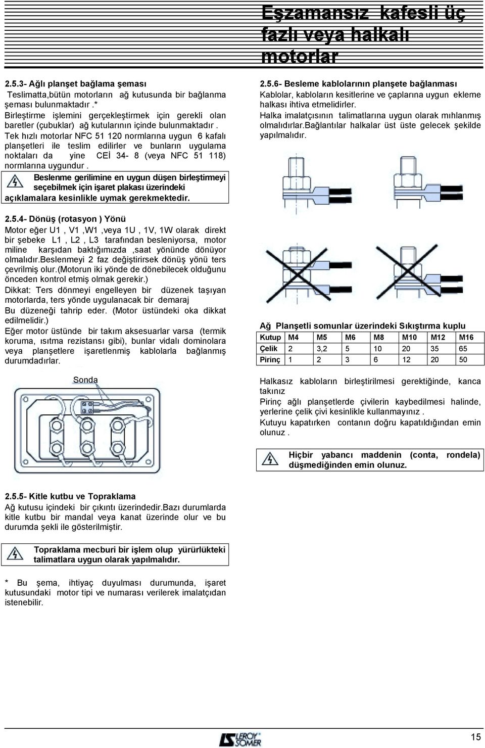 Tek hõzlõ NFC 51 120 normlarõna uygun 6 kafalõ planşetleri ile teslim edilirler ve bunlarõn uygulama noktalarõ da yine CEİ 34-8 (veya NFC 51 118) normlarõna uygundur.