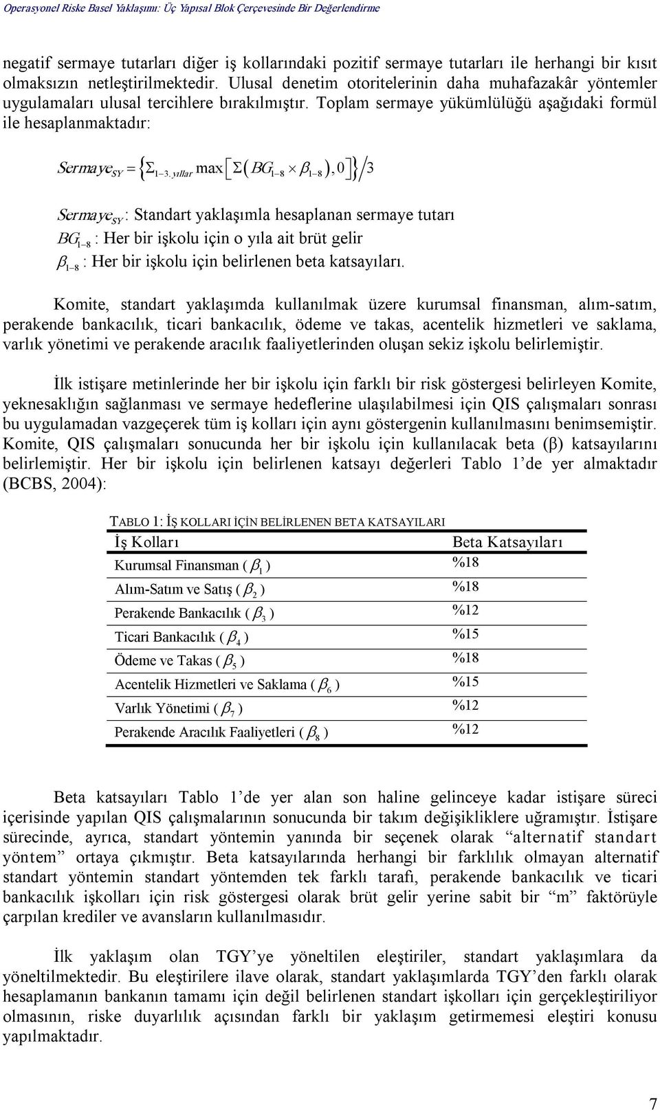 yıllar ( 1 8 1 8 ) } Sermaye SY = Σ max Σ BG β,0 3 Sermaye SY : Standart yaklaşımla hesaplanan sermaye tutarı BG 1 8 : Her bir işkolu için o yıla ait brüt gelir β : Her bir işkolu için belirlenen