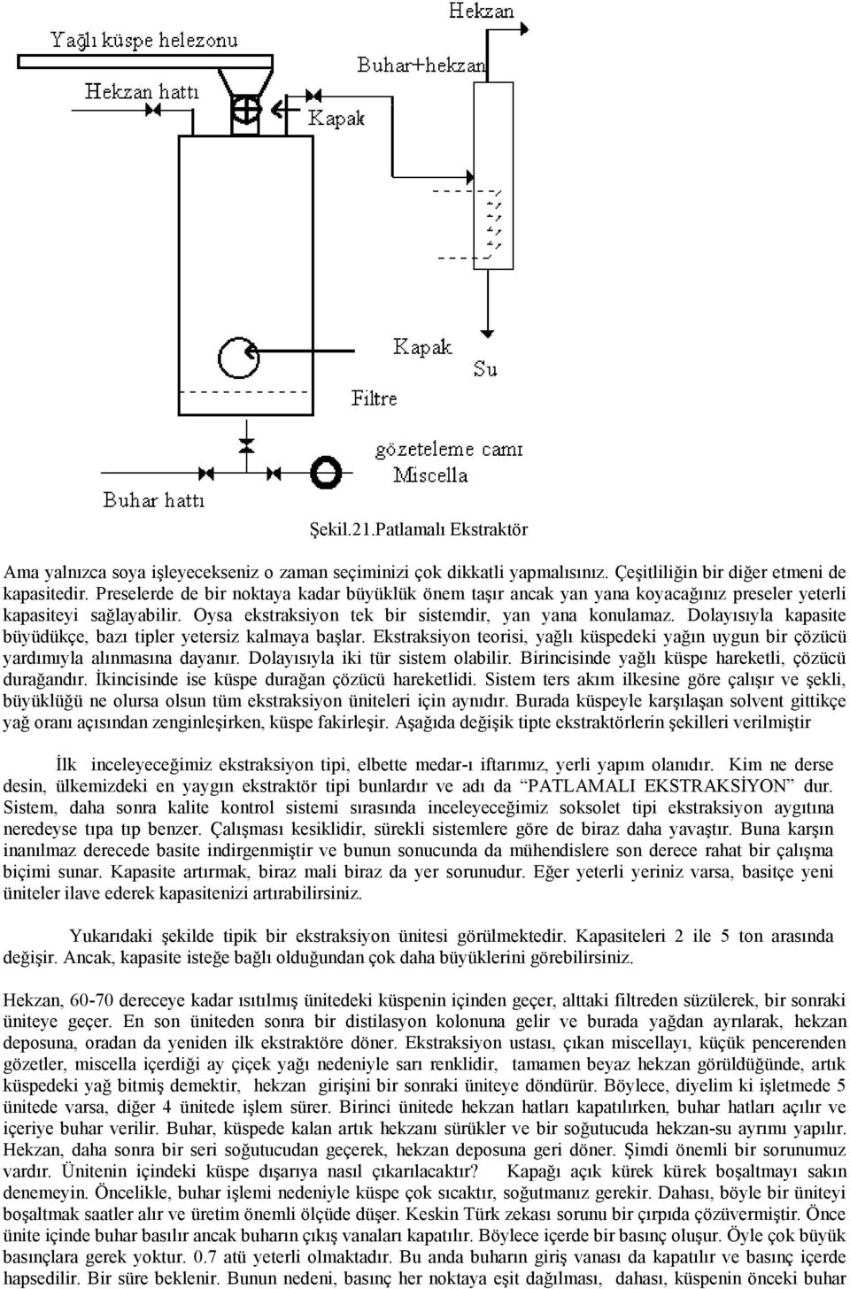 Dolayısıyla kapasite büyüdükçe, bazı tipler yetersiz kalmaya baģlar. Ekstraksiyon teorisi, yağlı küspedeki yağın uygun bir çözücü yardımıyla alınmasına dayanır. Dolayısıyla iki tür sistem olabilir.