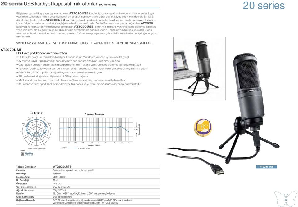 Bir USB dijital çıkış ile donatılan AT2020USB; ev stüdyo kaydı, podcasting, saha kaydı ve ses senkronizasyon kullanımı için stüdyo kalitesinde hareket kolaylığı ve rahatlık sunmaktadır.