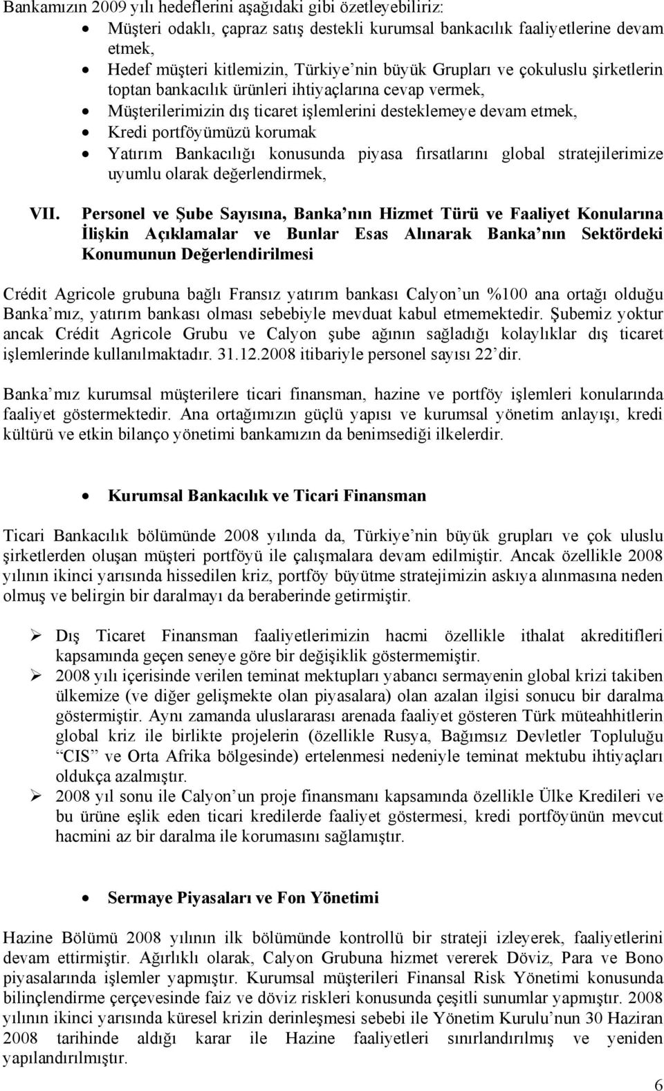 Bankacılığı konusunda piyasa fırsatlarını global stratejilerimize uyumlu olarak değerlendirmek, VII.