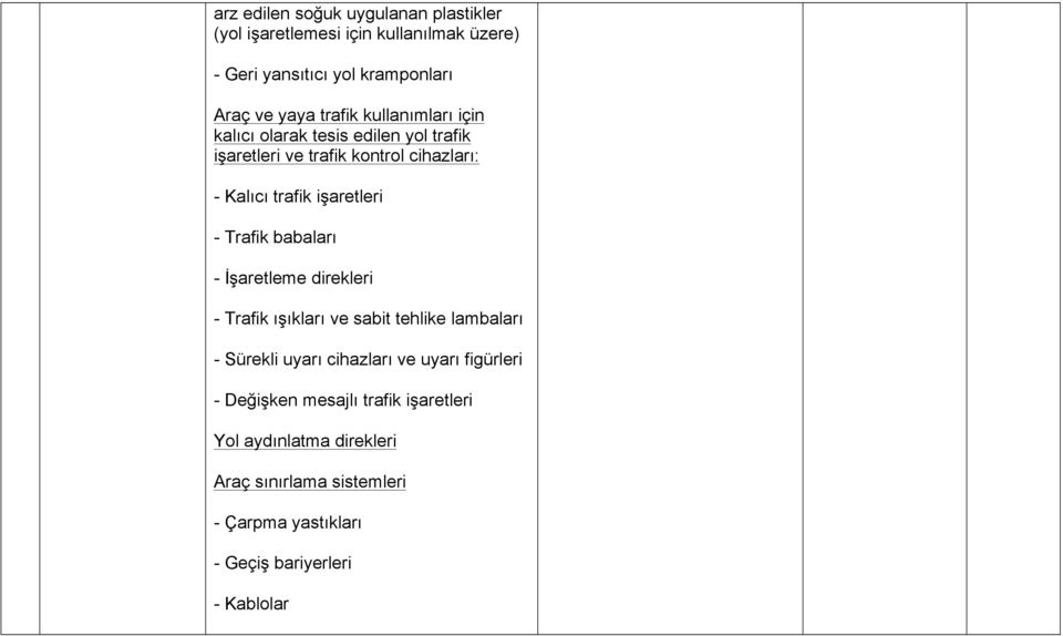 Trafik babaları - İşaretleme direkleri - Trafik ışıkları ve sabit tehlike lambaları - Sürekli uyarı cihazları ve uyarı figürleri -