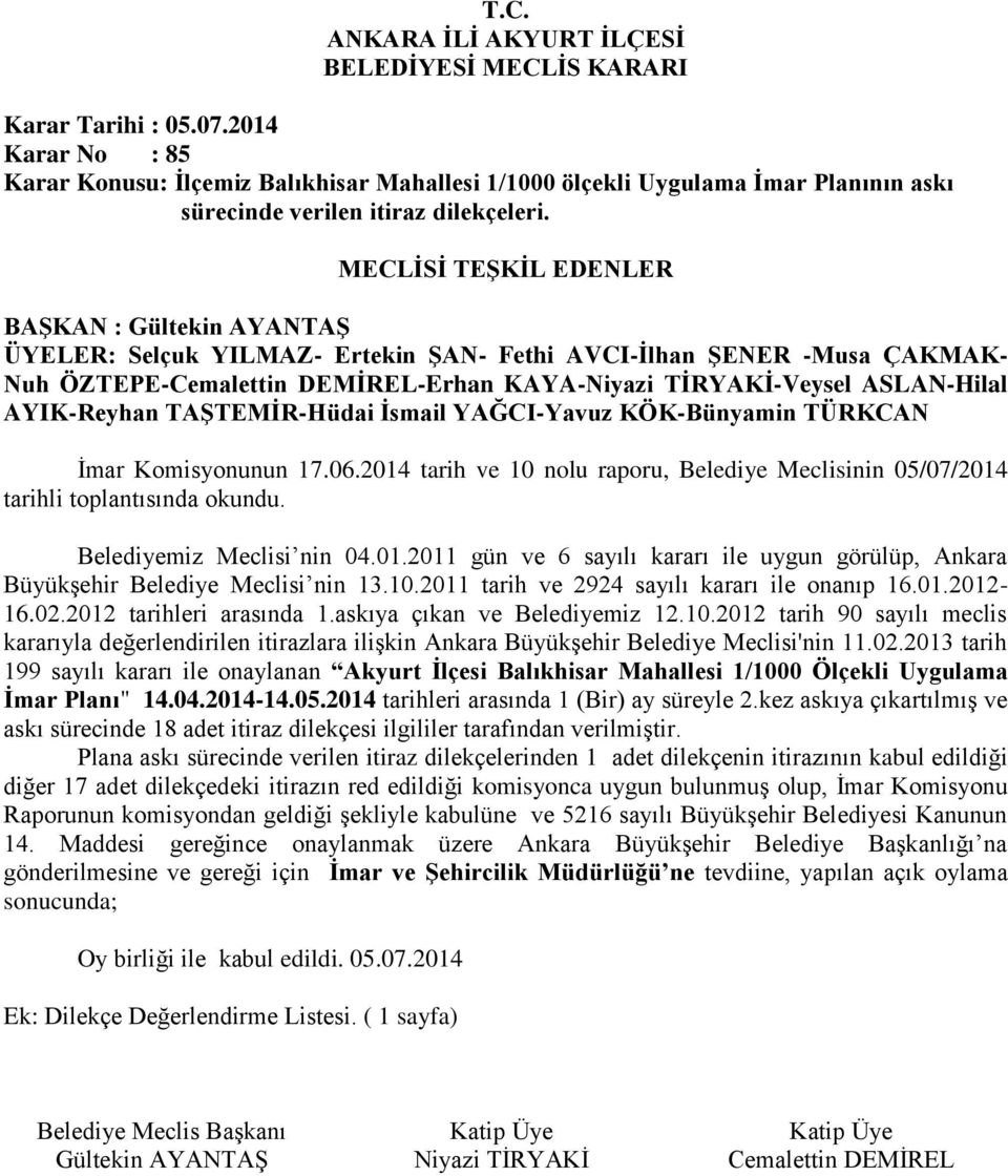 10.2011 tarih ve 2924 sayılı kararı ile onanıp 16.01.2012-16.02.2012 tarihleri arasında 1.askıya çıkan ve Belediyemiz 12.10.2012 tarih 90 sayılı meclis kararıyla değerlendirilen itirazlara ilişkin Ankara Büyükşehir Belediye Meclisi'nin 11.