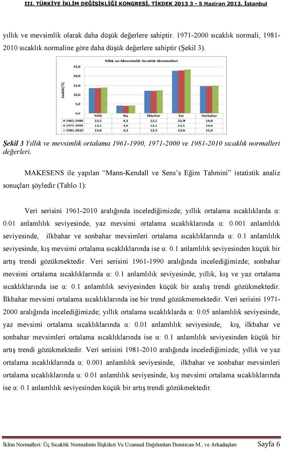 MAKESENS ile yapılan Mann-Kendall ve Sens s Eğim Tahmini istatistik analiz sonuçları şöyledir (Tablo 1): Veri serisini 1961-2010 aralığında incelediğimizde; yıllık ortalama sıcaklıklarda α: 0.