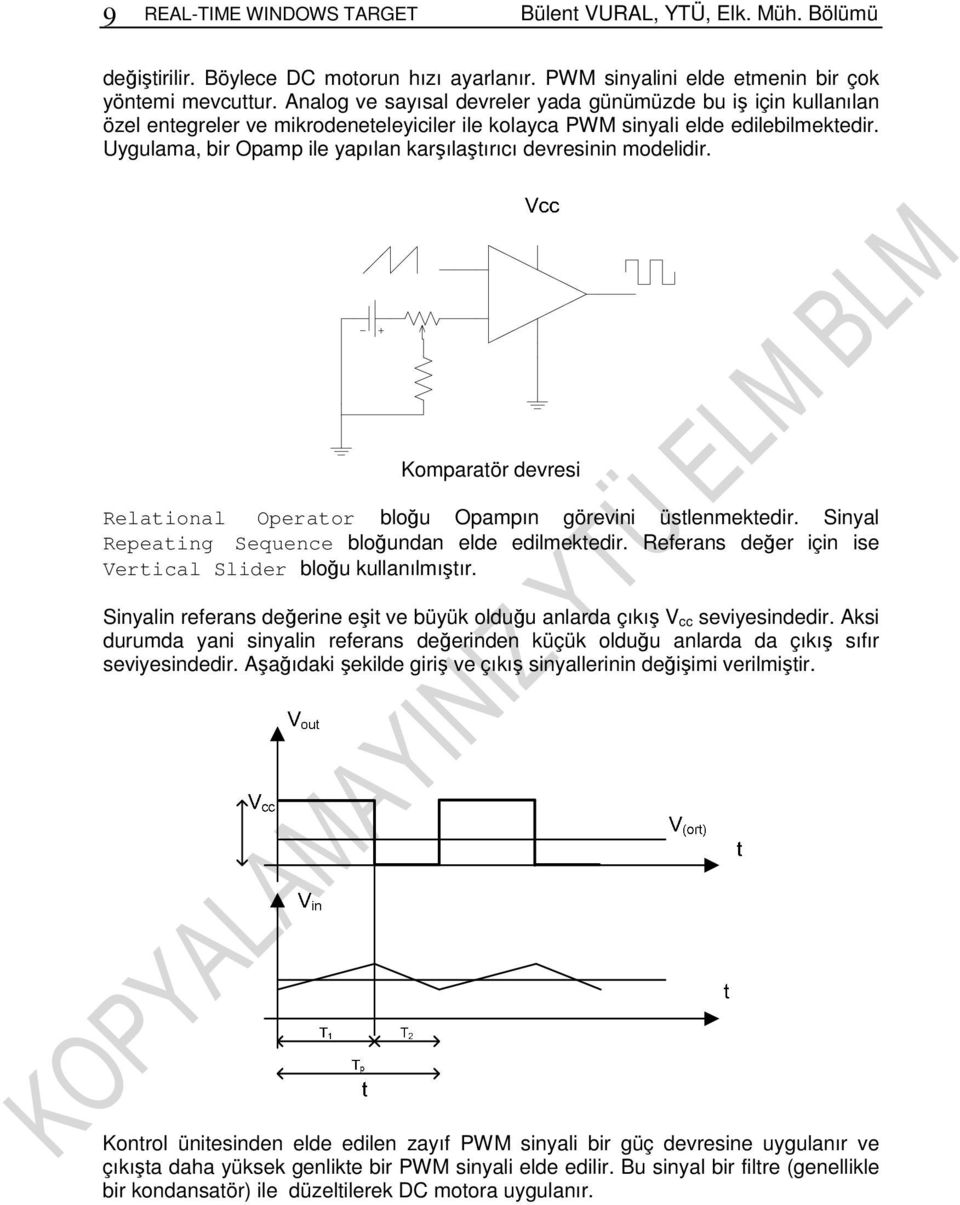 Uygulama, bir Opamp ile yapılan karşılaştırıcı devresinin modelidir. Komparatör devresi Relational Operator bloğu Opampın görevini üstlenmektedir.