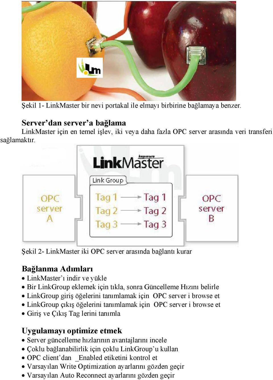 Şekil 2- LinkMaster iki OPC server arasında bağlantı kurar Bağlanma Adımları LinkMaster ı indir ve yükle Bir LinkGroup eklemek için tıkla, sonra Güncelleme Hızını belirle LinkGroup giriş öğelerini