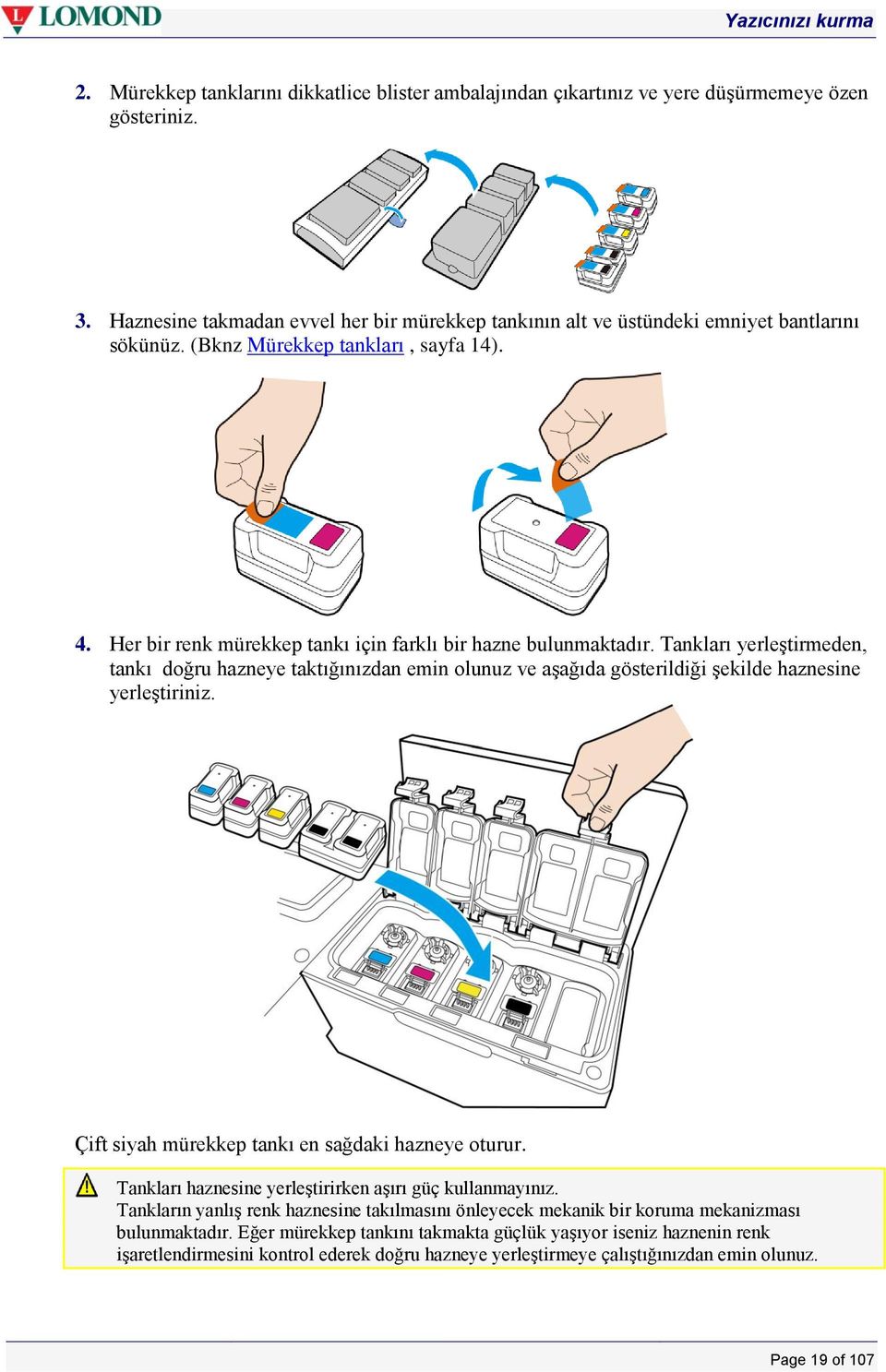 Tankları yerleştirmeden, tankı doğru hazneye taktığınızdan emin olunuz ve aşağıda gösterildiği şekilde haznesine yerleştiriniz. Çift siyah mürekkep tankı en sağdaki hazneye oturur.