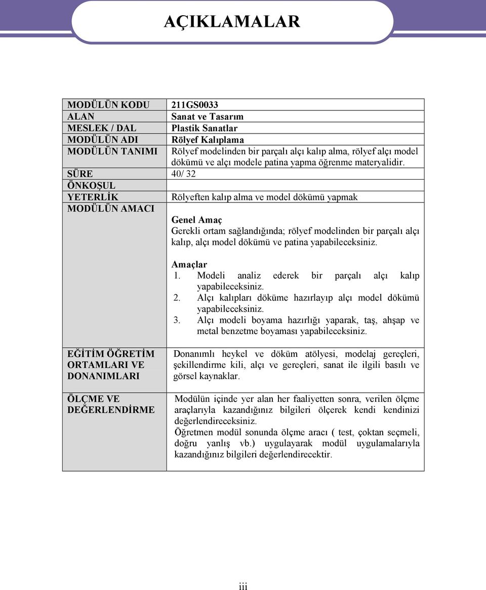 SÜRE 40/ 32 ÖNKOŞUL ETERLİK Rölyeften kalıp alma ve model dökümü yapmak MOÜLÜN AMACI Genel Amaç Gerekli ortam sağlandığında; rölyef modelinden bir parçalı alçı kalıp, alçı model dökümü ve patina