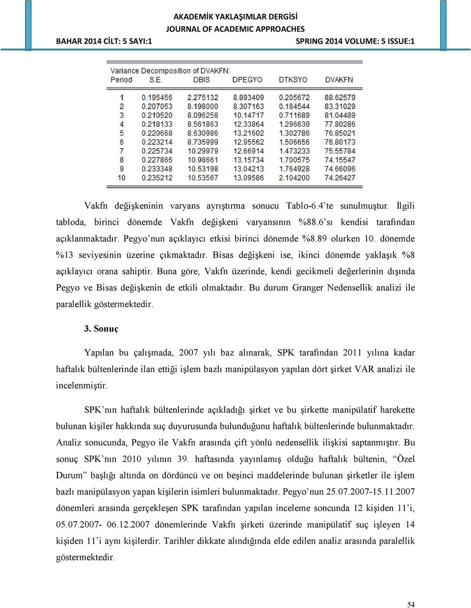 Buna göre, Vakfn üzerinde, kendi gecikmeli değerlerinin dışında Pegyo ve Bisas değişkenin de etkili olmaktadır. Bu durum Granger Nedensellik analizi ile paralellik göstermektedir. 3.