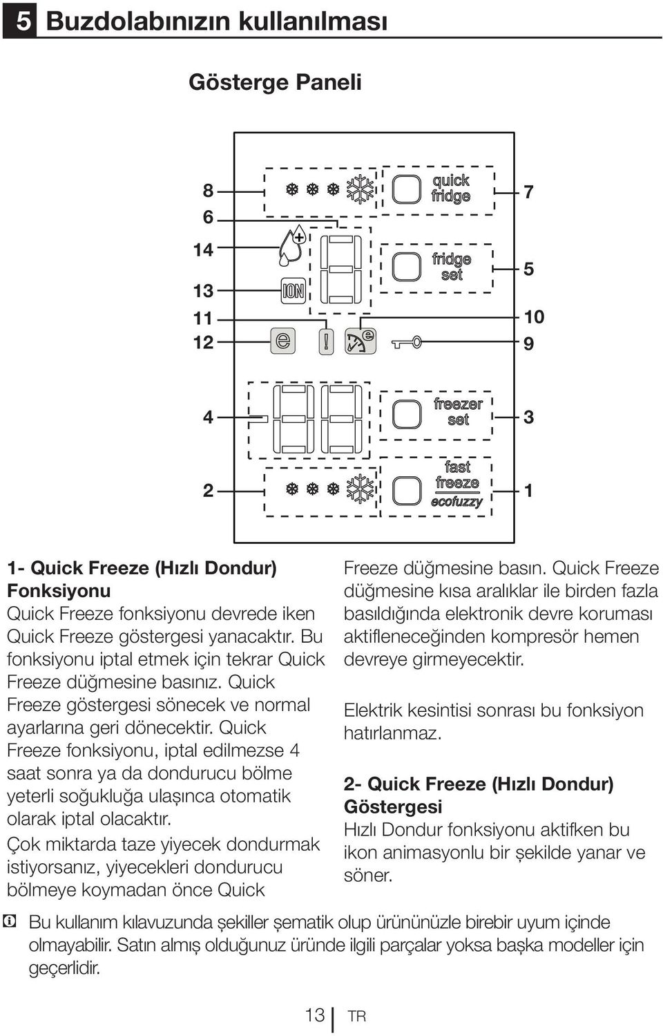 Quick Freeze fonksiyonu, iptal edilmezse 4 saat sonra ya da dondurucu bölme yeterli soğukluğa ulaşınca otomatik olarak iptal olacaktır.