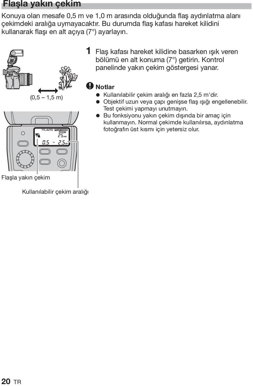 Kontrol panelinde yakın çekim göstergesi yanar. (0,5 1,5 m) x Notlar = Kullanılabilir çekim aralığı en fazla 2,5 m'dir.