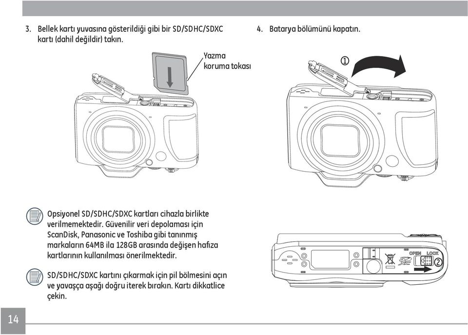 Güvenilir veri depolaması için ScanDisk, Panasonic ve Toshiba gibi tanınmış markaların 64MB ila 128GB arasında değişen