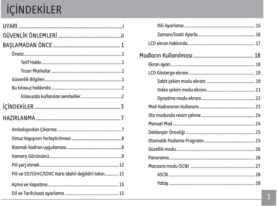 .. 12 Pili ve SD/SDHC/SDXC Kartı (dahil değildir) takın... 13 Açma ve Kapatma... 15 Dil ve Tarih/saat ayarlama... 15 Dili Ayarlama... 15 Zamanı/Saati Ayarla... 16 LCD ekran hakkında.