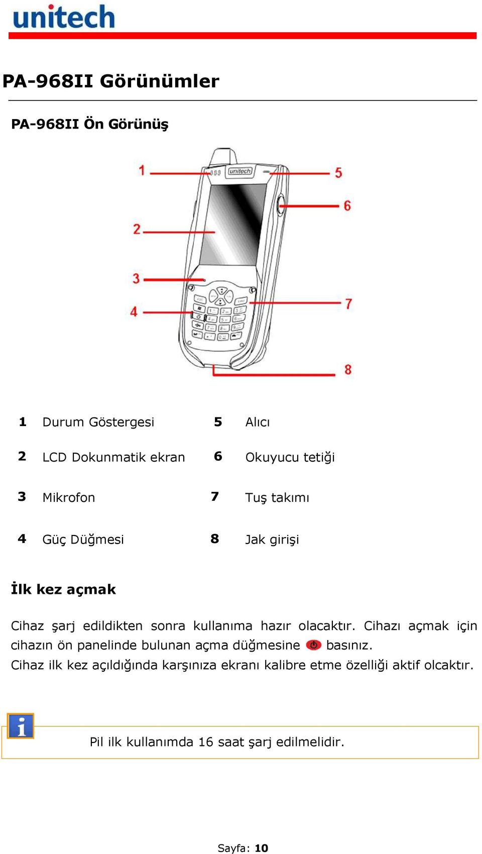 olacaktır. Cihazı açmak için cihazın ön panelinde bulunan açma düğmesine basınız.