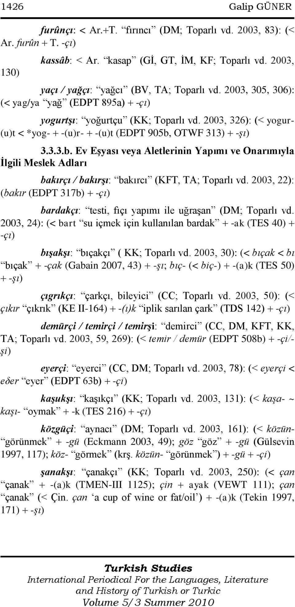 OTWF 313) -şı) 3.3.3.b. Ev Eşyası veya Aletlerinin Yapımı ve Onarımıyla İlgili Meslek Adları bakırçı / bakırşı: bakırcı (KFT, TA; Toparlı vd.