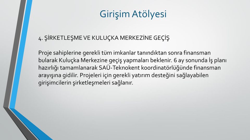 sonra finansman bularak Kuluçka Merkezine geçiş yapmaları beklenir.