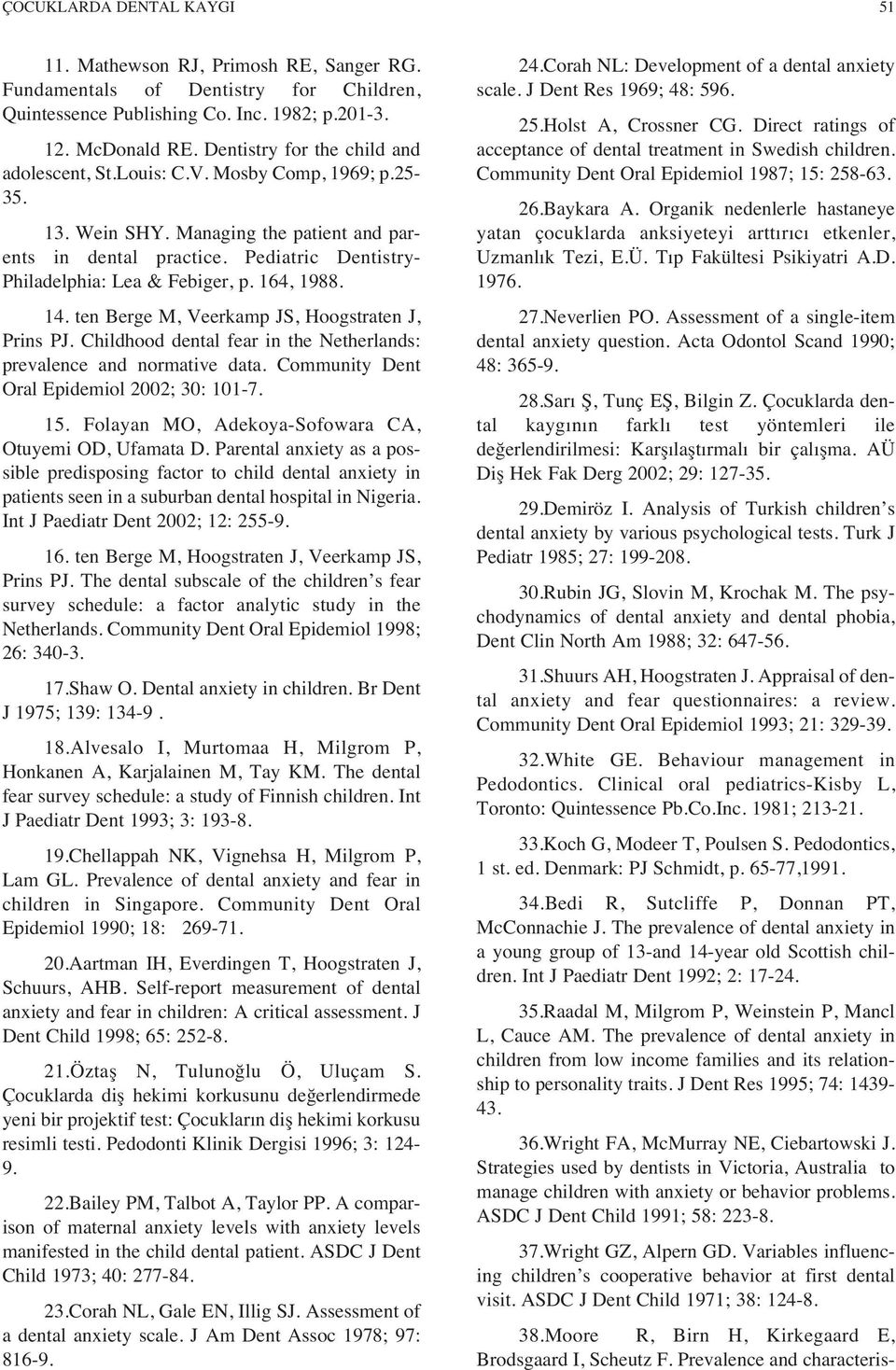 Pediatric Dentistry- Philadelphia: Lea & Febiger, p. 164, 1988. 14. ten Berge M, Veerkamp JS, Hoogstraten J, Prins PJ. Childhood dental fear in the Netherlands: prevalence and normative data.