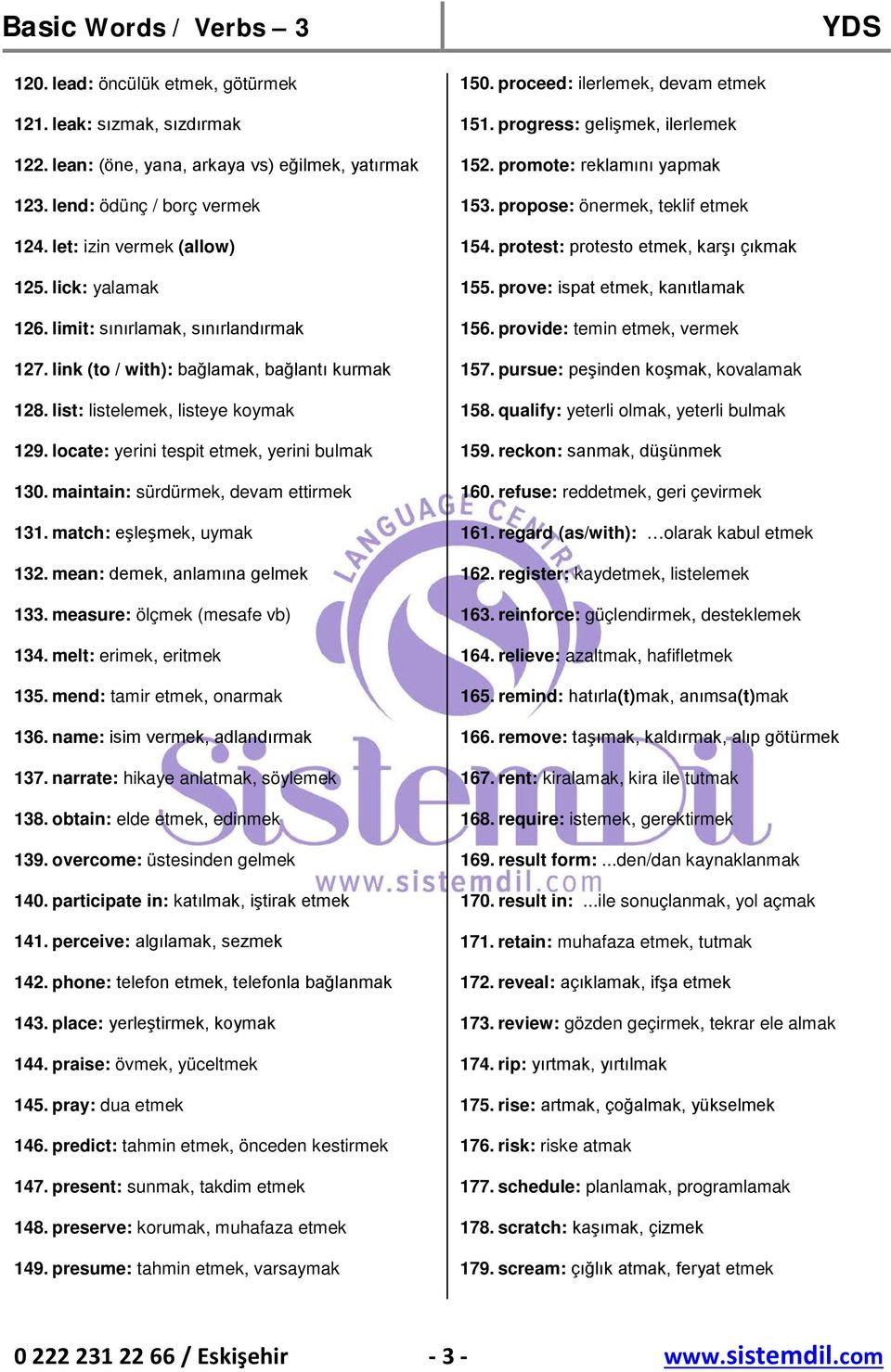 maintain: sürdürmek, devam ettirmek 131. match: eşleşmek, uymak 132. mean: demek, anlamına gelmek 133. measure: ölçmek (mesafe vb) 134. melt: erimek, eritmek 135. mend: tamir etmek, onarmak 136.