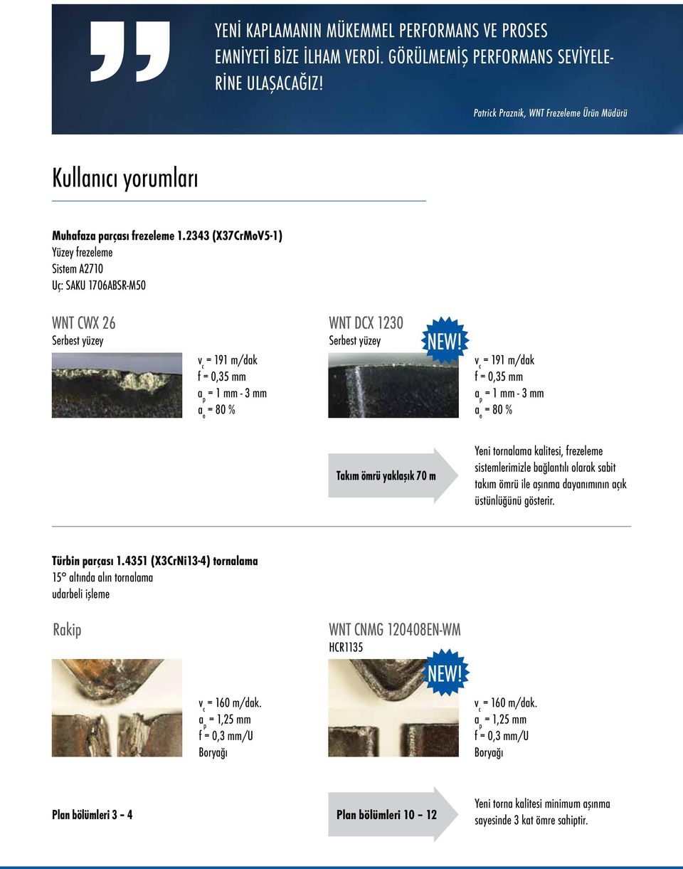 2343 (X37CrMoV5-1) Yüzey frezeleme Sistem A2710 Uç: SAKU 1706ABSR-M50 WNT CWX 26 Serbest yüzey = 191 m/dak f = 0,35 mm = 1 mm - 3 mm a e = 80 % WNT DCX 1230 Serbest yüzey = 191 m/dak f = 0,35 mm = 1