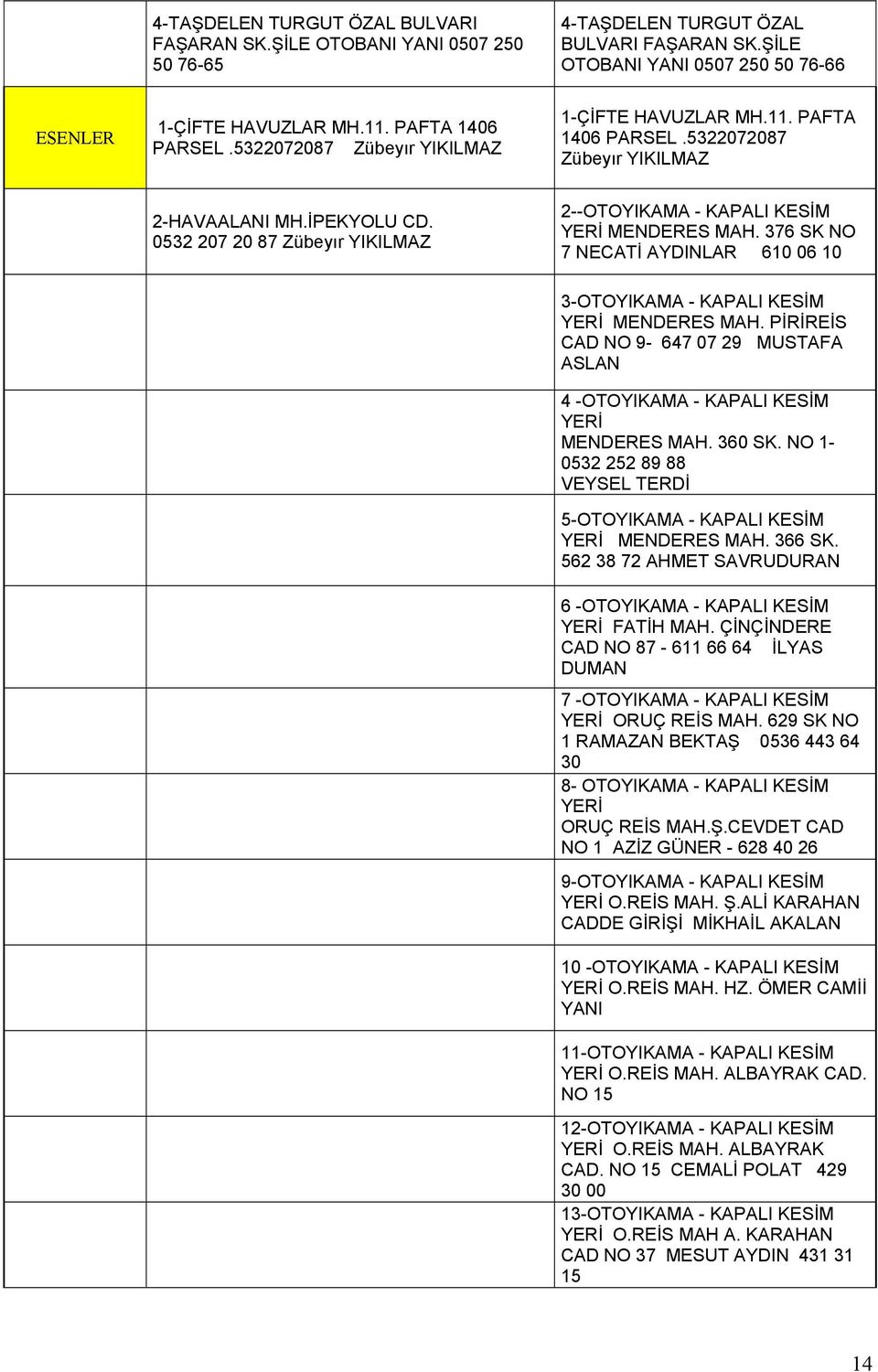 0532 207 20 87 Zübeyır YIKILMAZ 2--OTOYIKAMA - KAPALI KESİM YERİ MENDERES MAH. 376 SK NO 7 NECATİ AYDINLAR 610 06 10 3-OTOYIKAMA - KAPALI KESİM YERİ MENDERES MAH.