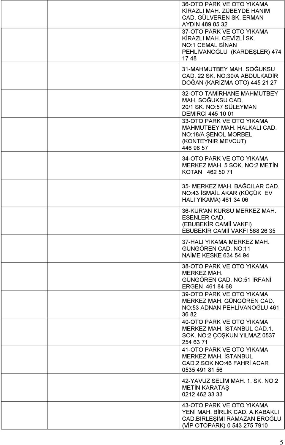 NO:57 SÜLEYMAN DEMİRCİ 445 10 01 33-OTO PARK VE OTO YIKAMA MAHMUTBEY MAH. HALKALI CAD. NO:18/A ŞENOL MORBEL (KONTEYNIR MEVCUT) 446 98 57 34-OTO PARK VE OTO YIKAMA MERKEZ MAH. 5 SOK.