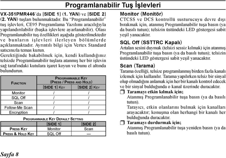 Olası Programlanabilir tuş özellikleri aşağıda gösterilmektedir ve b u n l a rın i ş l e vl e ri i l e rleye n b ö l ü ml e rde açıklanmaktadır.