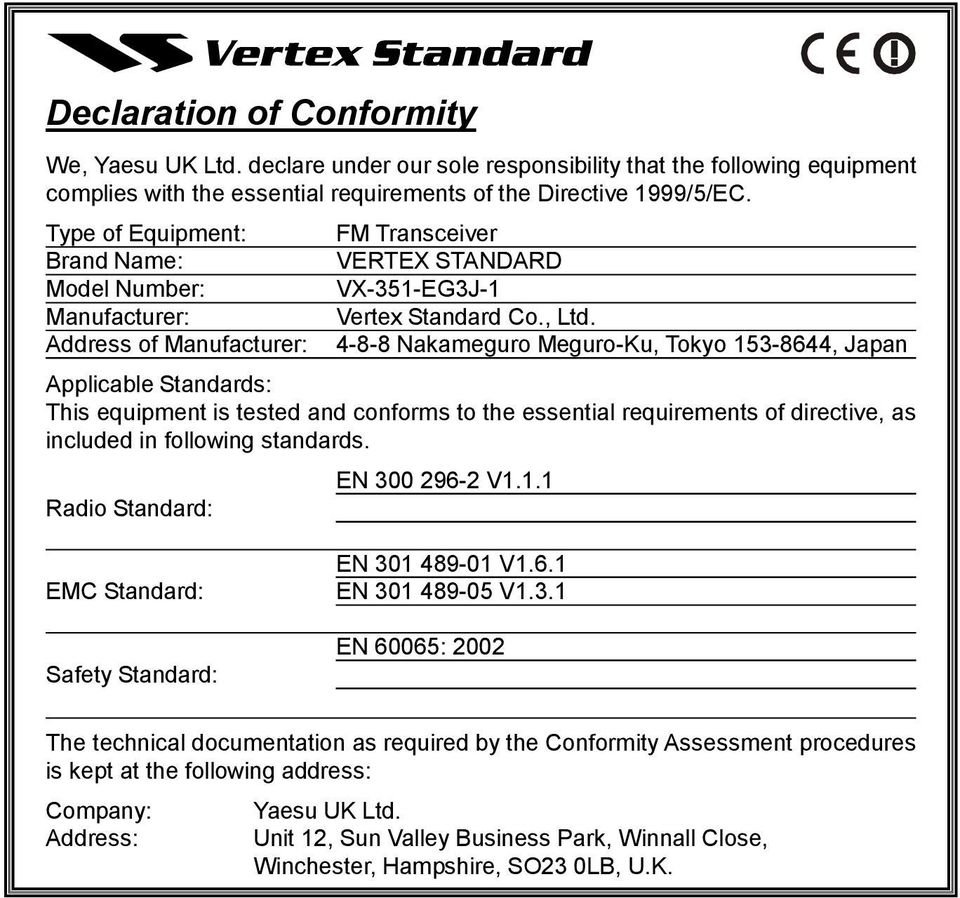 4-8-8 Nakameguro Meguro-Ku, Tokyo 153-8644, Japan Applicable Standards: This equipment is tested and conforms to the essential requirements of directive, as included in following standards.