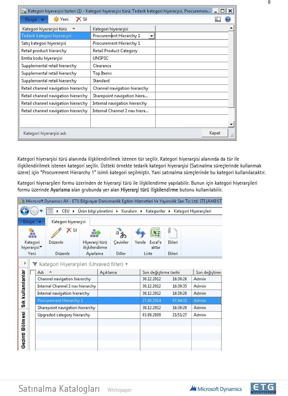 Üstteki örnekte tedarik kategori hiyerarşisi (Satınalma süreçlerinde kullanmak üzere) için Procurement Hierarchy 1 isimli kategori seçilmiştir.