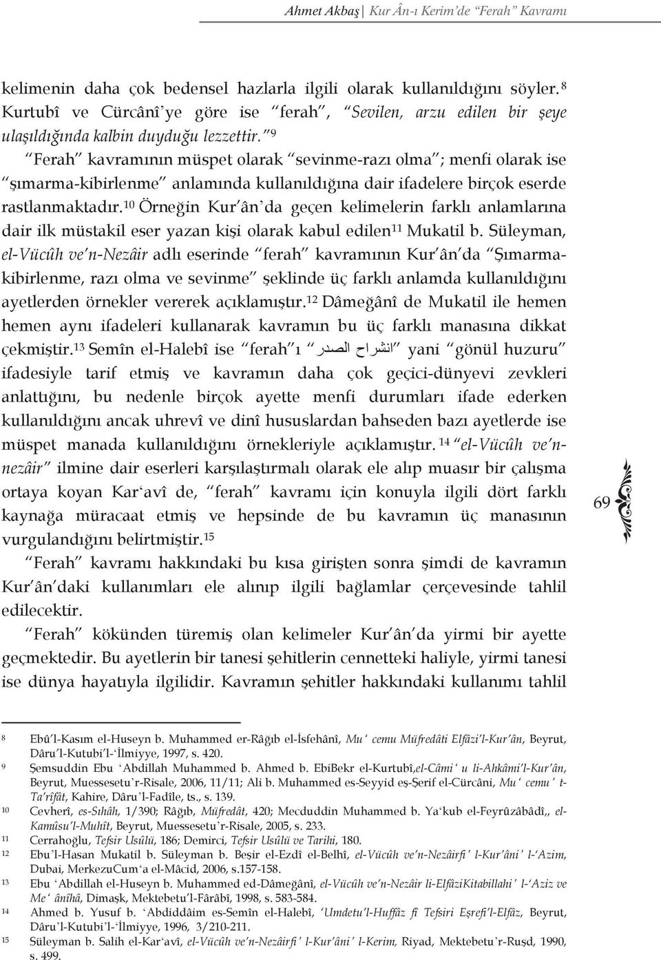 9 Ferah kavramının müspet olarak sevinme-razı olma ; menfi olarak ise şımarma-kibirlenme anlamında kullanıldığına dair ifadelere birçok eserde rastlanmaktadır.