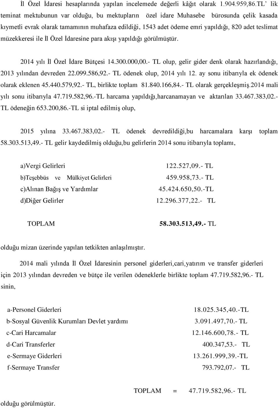 müzekkeresi ile İl Özel İdaresine para akışı yapıldığı görülmüştür. 2014 yılı İl Özel İdare Bütçesi 14.300.000,00.- TL olup, gelir gider denk olarak hazırlandığı, 2013 yılından devreden 22.099.586,92.