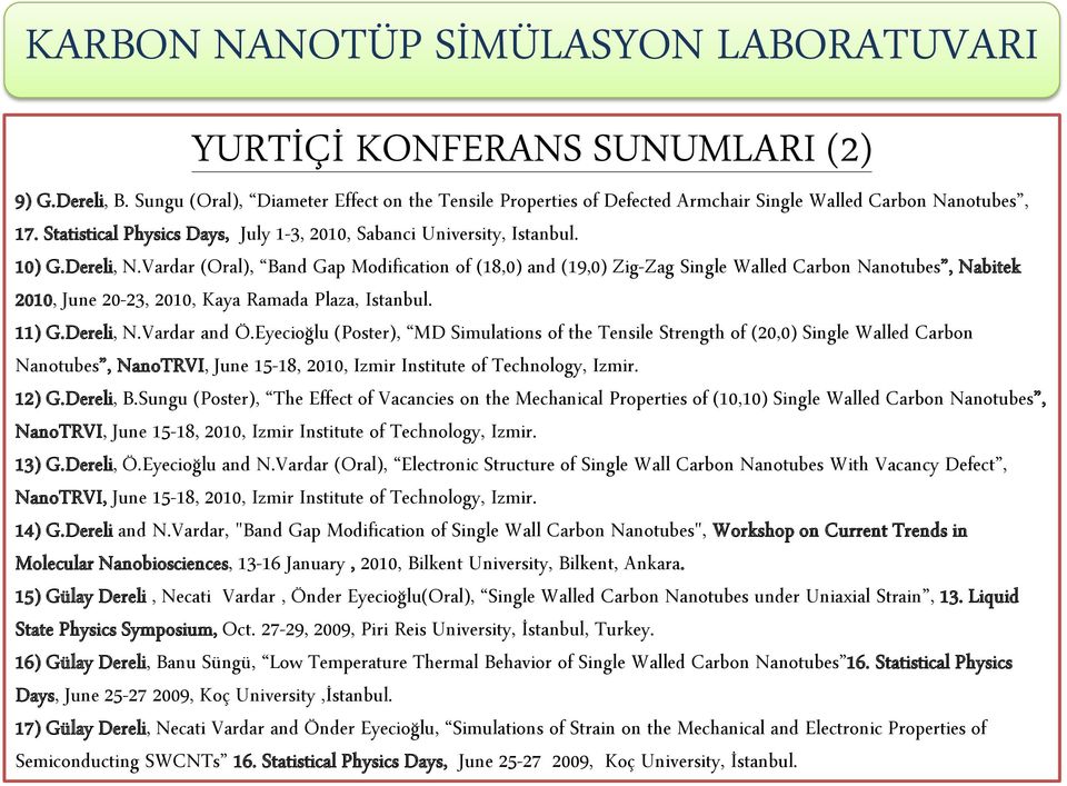 Vardar (Oral), Band Gap Modification of (18,0) and (19,0) Zig-Zag Single Walled Carbon Nanotubes, Nabitek 2010, June 20-23, 2010, Kaya Ramada Plaza, Istanbul. 11) G.Dereli, N.Vardar and Ö.