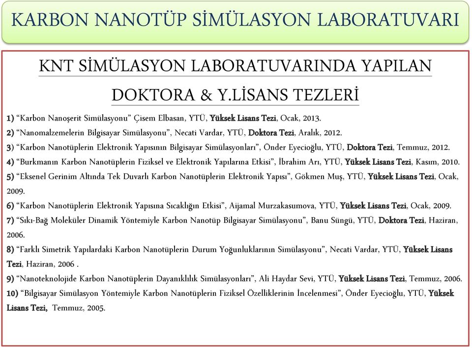 3) Karbon Nanotüplerin Elektronik Yapısının Bilgisayar Simülasyonları, Önder Eyecioğlu, YTÜ, Doktora Tezi, Temmuz, 2012.