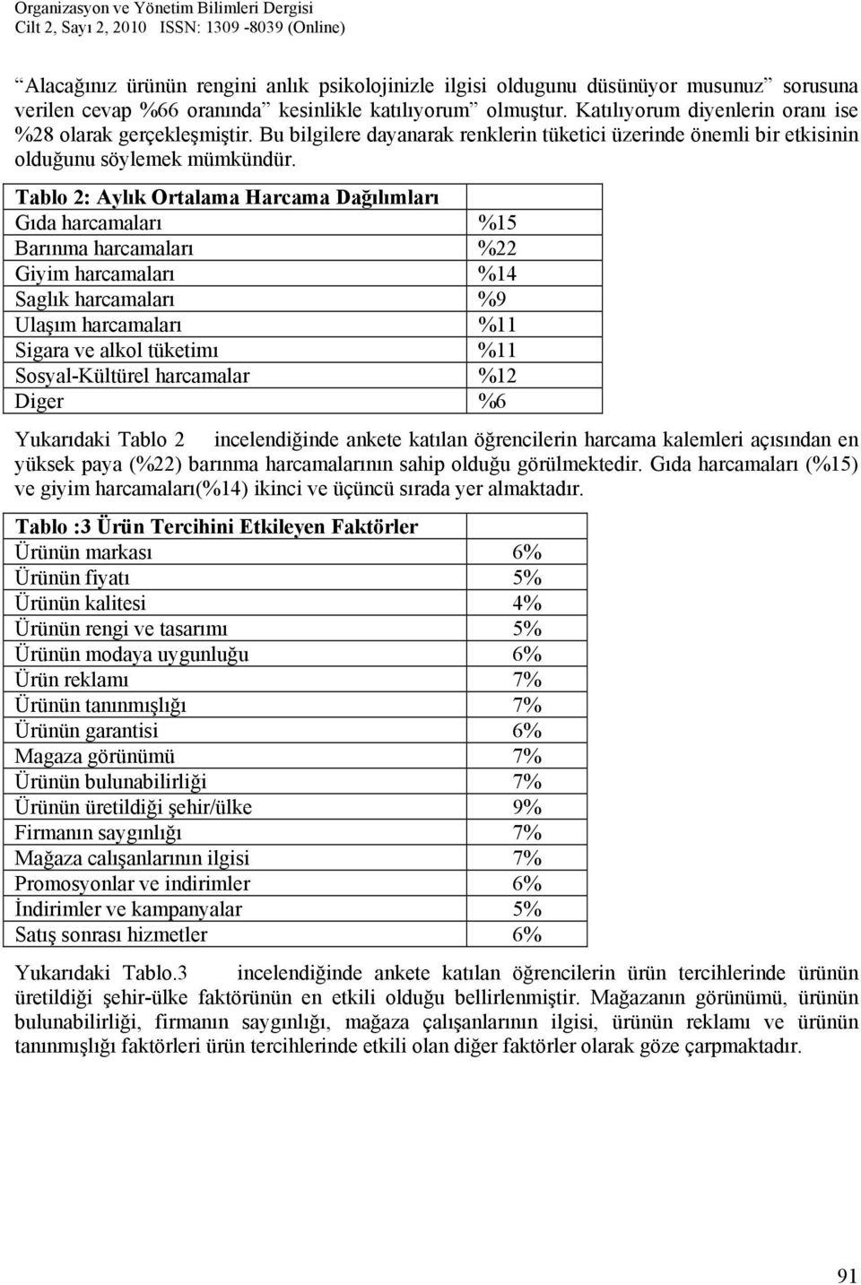 Tablo 2: Aylık Ortalama Harcama Dağılımları Gıda harcamaları %15 Barınma harcamaları %22 Giyim harcamaları %14 Saglık harcamaları %9 Ulaşım harcamaları %11 Sigara ve alkol tüketimı %11