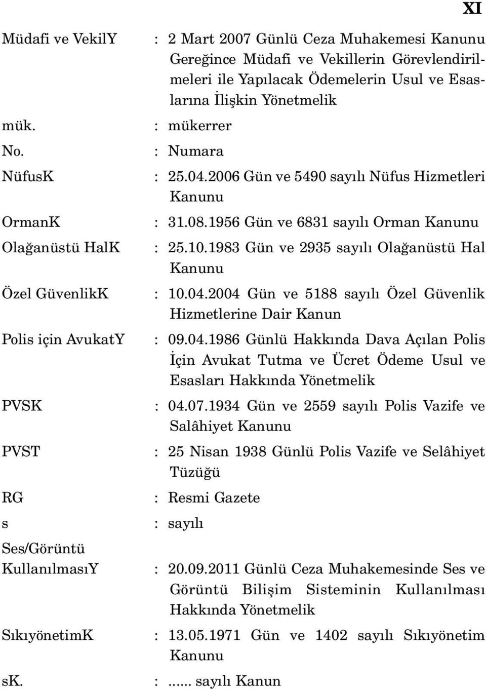 2006 Gün ve 5490 sayılı Nüfus Hizmetleri : 31.08.1956 Gün ve 6831 sayılı Orman : 25.10.1983 Gün ve 2935 sayılı Olağanüstü Hal : 10.04.