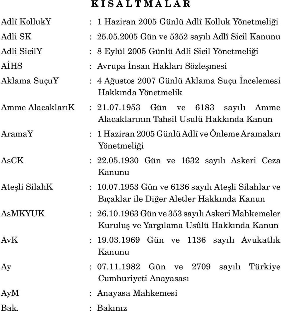 2005 Gün ve 5352 sayılı Adlî Sicil : 8 Eylül 2005 Günlü Adli Sicil Yönetmeliği : Avrupa İnsan Hakları Sözleşmesi : 4 Ağustos 2007 Günlü Aklama Suçu İncelemesi Hakkında Yönetmelik Amme AlacaklarıK :