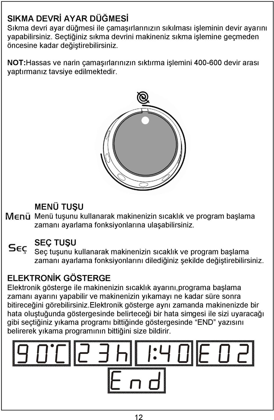 NOT:Hassas ve narin çamaşırlarınızın sıktırma işlemini 400-600 devir arası yaptırmanız tavsiye edilmektedir.