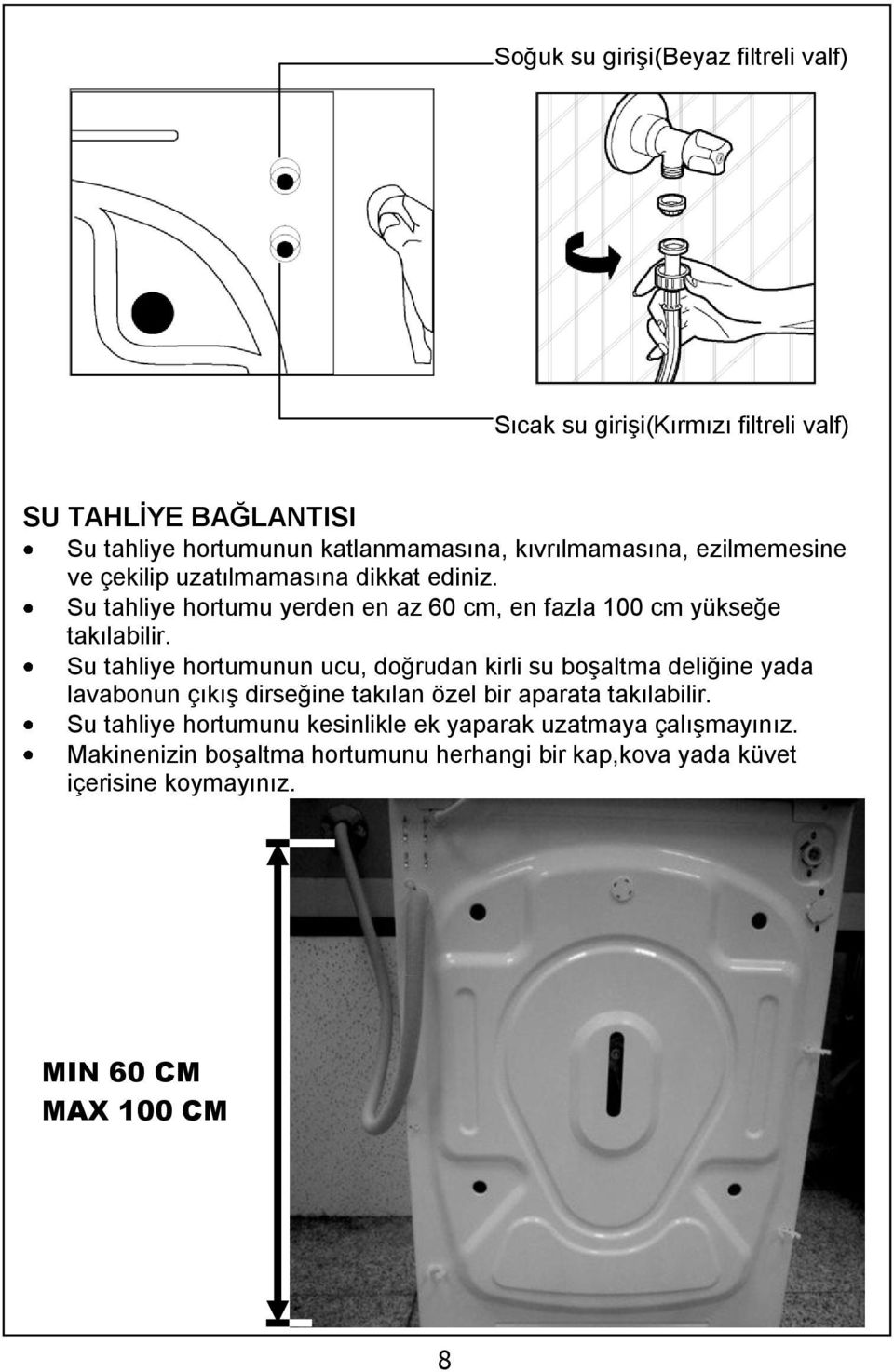 Su tahliye hortumunun ucu, doğrudan kirli su boşaltma deliğine yada lavabonun çıkış dirseğine takılan özel bir aparata takılabilir.