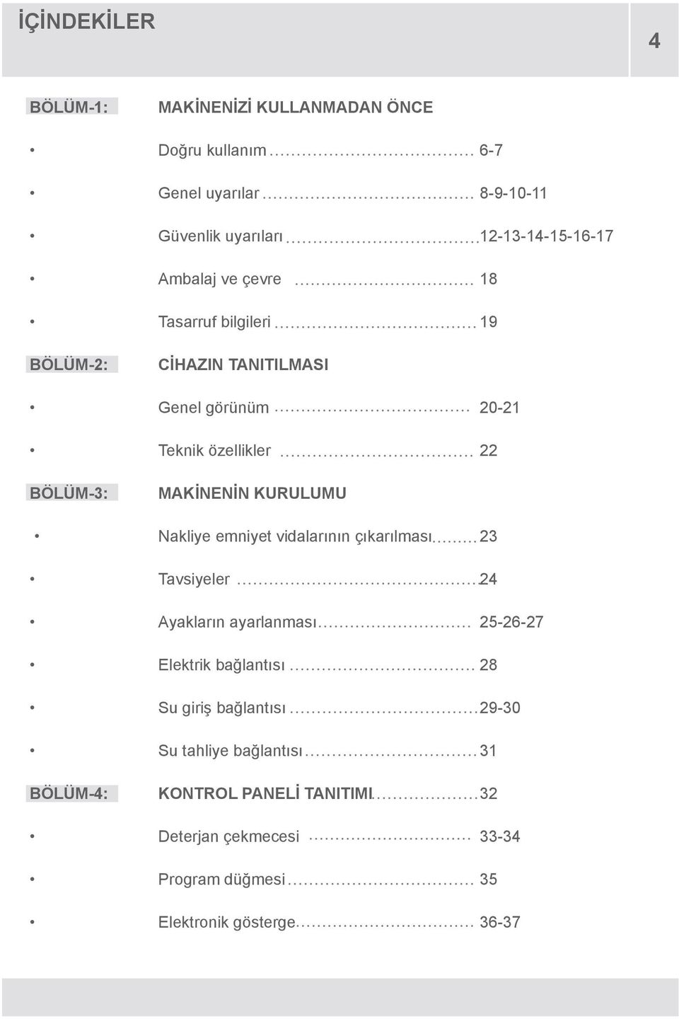 KURULUMU Nakliye emniyet vidalarının çıkarılması 23 Tavsiyeler 24 Ayakların ayarlanması 25-26-27 Elektrik bağlantısı 28 Su giriş