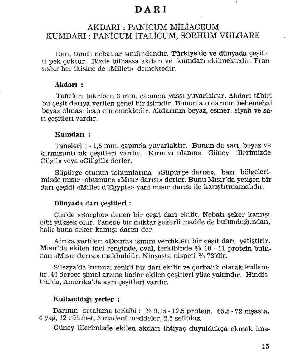 Akdarı tâbiri bu çeşit darıya verilen genel bir isimdir. Bununla o darının behemehal beyaz olması icap etmemektedir. Akdarının beyaz, esmer, siyah ve sarı çeşitleri vardır. Kumdan : Taneleri 1-1,5 mm.