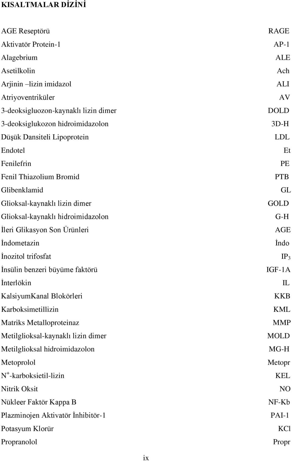 Ach ALI AV DOLD 3D-H LDL Et PE PTB GL GOLD G-H AGE İndo İnozitol trifosfat IP 3 İnsülin benzeri büyüme faktörü IGF-1A İnterlökin IL KalsiyumKanal Blokörleri KKB Karboksimetillizin KML Matriks