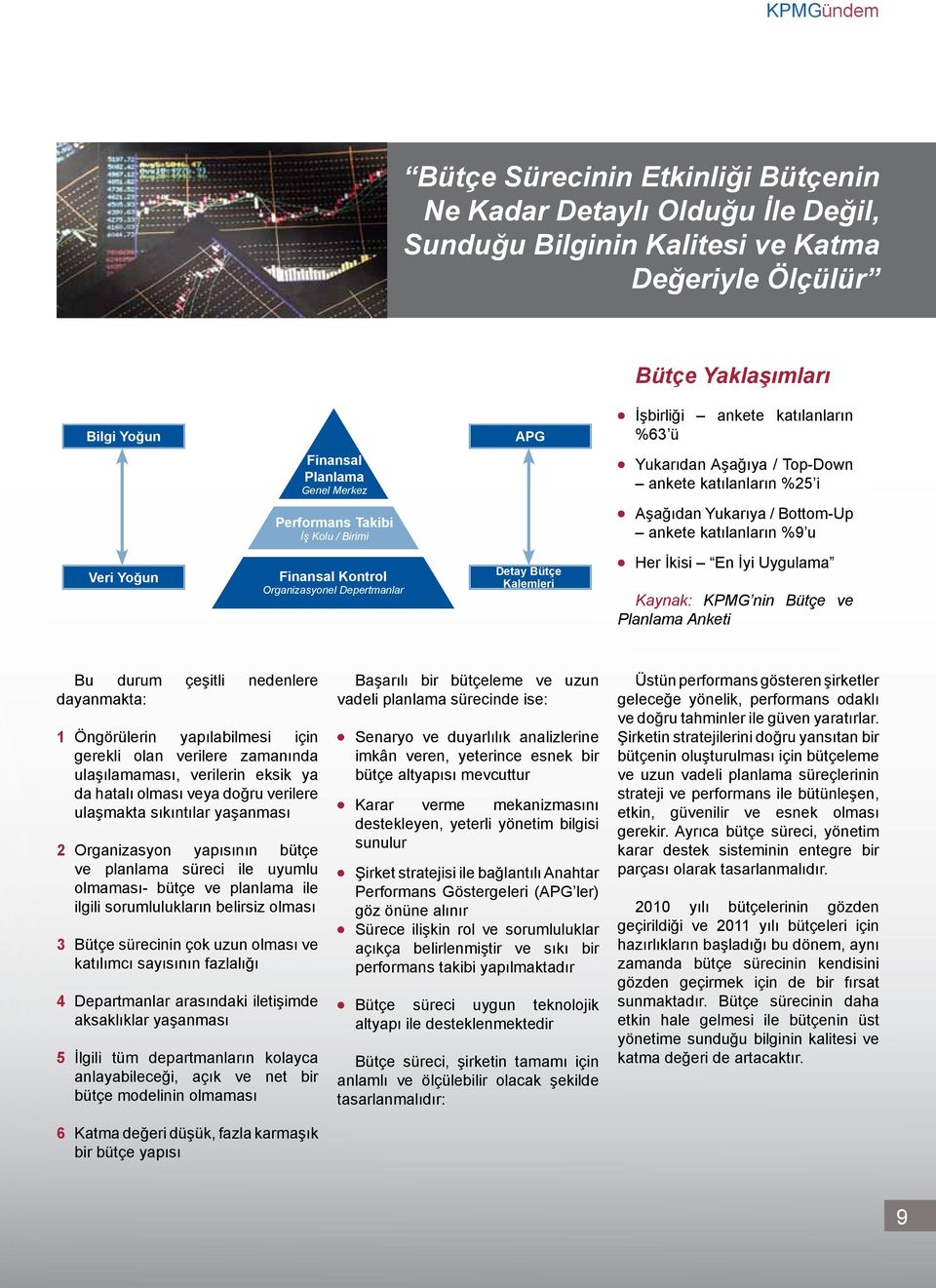 Kontrol Organizasyonel Depertmanlar Detay Bütçe Kalemleri l Her İkisi En İyi Uygulama Kaynak: KPMG nin Bütçe ve Planlama Anketi Bu durum çeşitli nedenlere dayanmakta: 1 Öngörülerin yapılabilmesi için