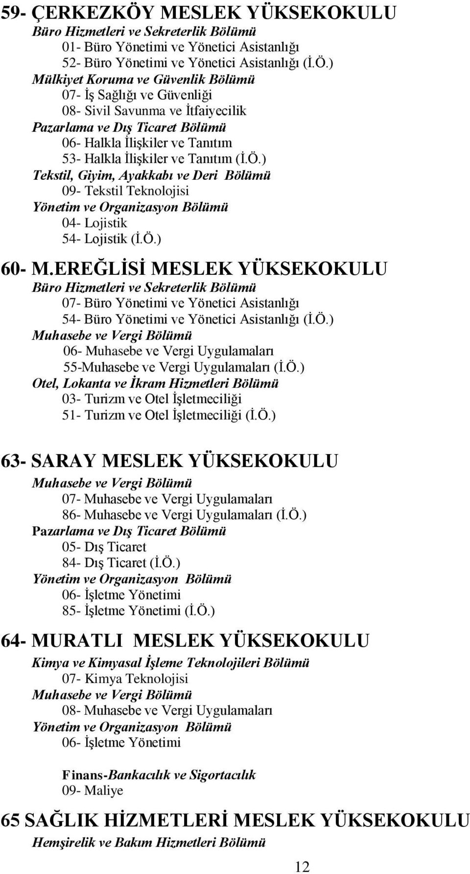 ) Mülkiyet Koruma ve Güvenlik Bölümü 07- İş Sağlığı ve Güvenliği 08- Sivil Savunma ve İtfaiyecilik Pazarlama ve Dış Ticaret Bölümü 06- Halkla İlişkiler ve Tanıtım 53- Halkla İlişkiler ve Tanıtım (İ.Ö.