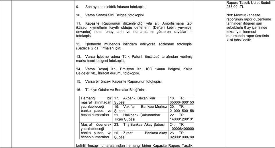 fotokopisi, 12. İşletmede mühendis istihdam ediliyorsa sözleşme fotokopisi (Sadece Gıda Firmaları için), Raporu Tasdik Ücret Bedeli 255,00.