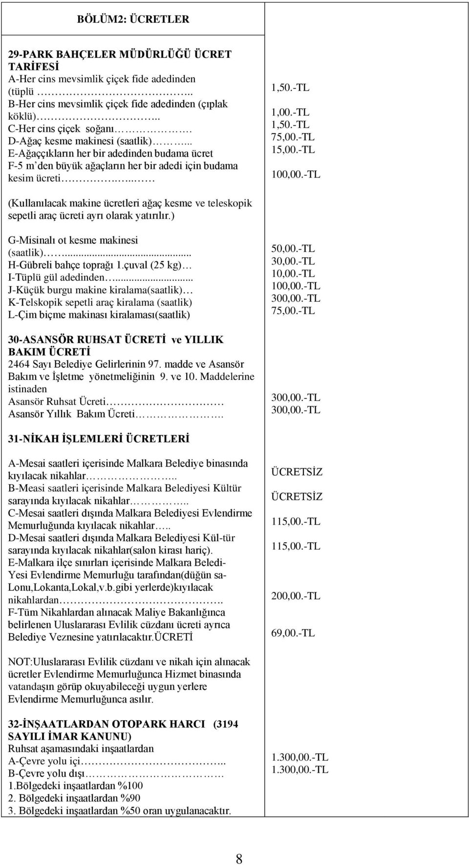 -TL (Kullanılacak makine ücretleri ağaç kesme ve teleskopik sepetli araç ücreti ayrı olarak yatırılır.) G-Misinalı ot kesme makinesi (saatlik)... H-Gübreli bahçe toprağı 1.