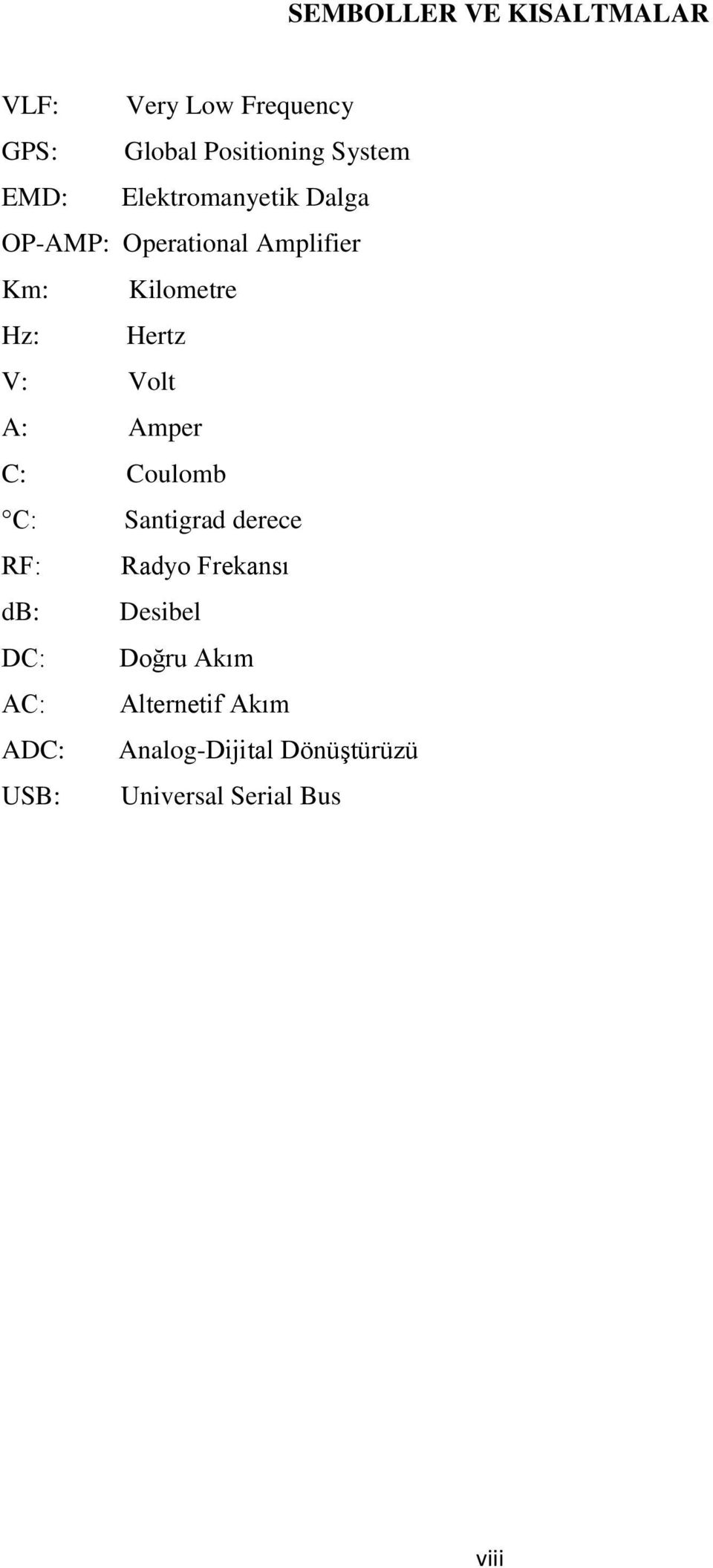 A: Amper C: Coulomb C: Santigrad derece RF: Radyo Frekansı db: Desibel DC: Doğru