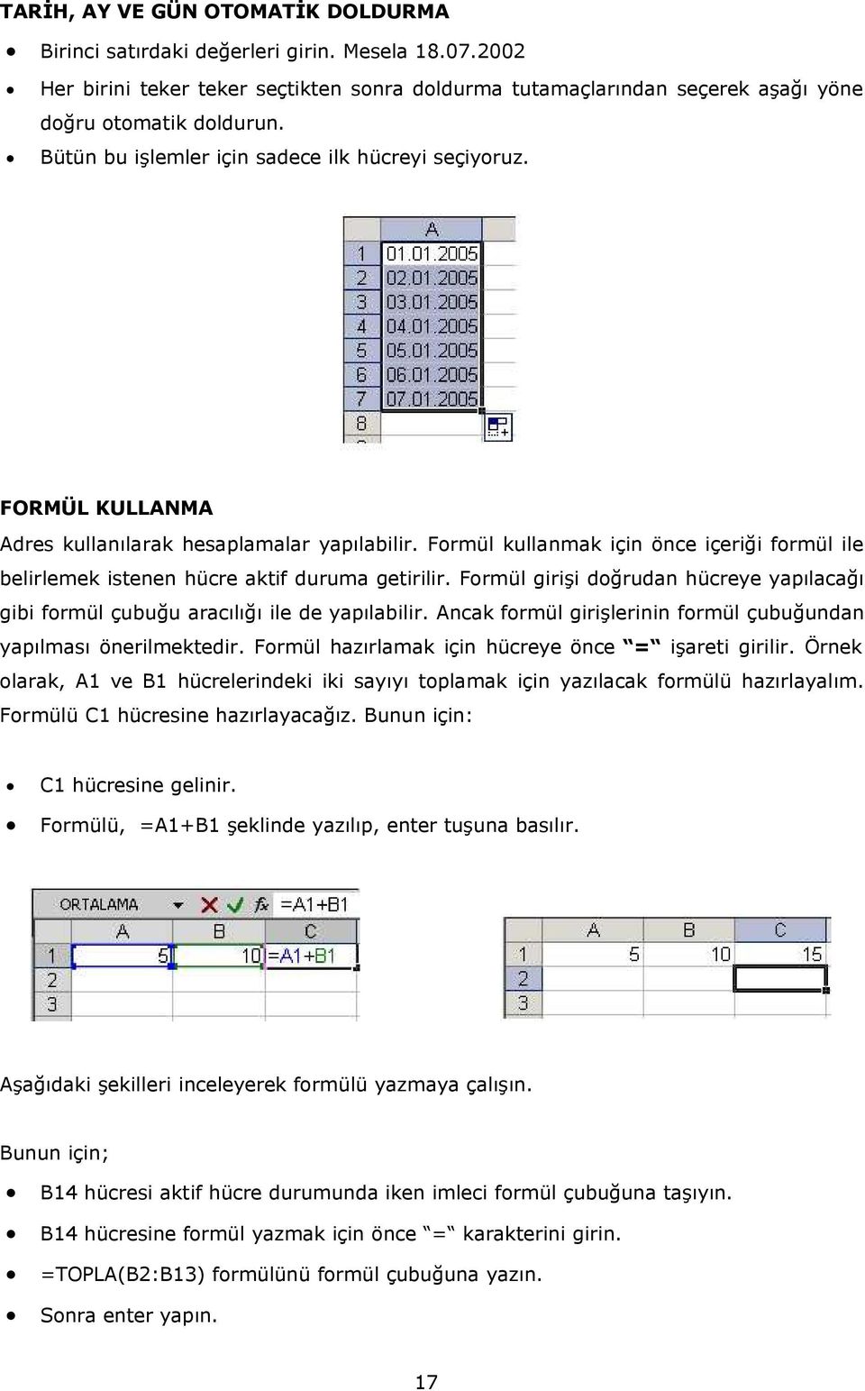 Formül kullanmak için önce içeriği formül ile belirlemek istenen hücre aktif duruma getirilir. Formül girişi doğrudan hücreye yapılacağı gibi formül çubuğu aracılığı ile de yapılabilir.