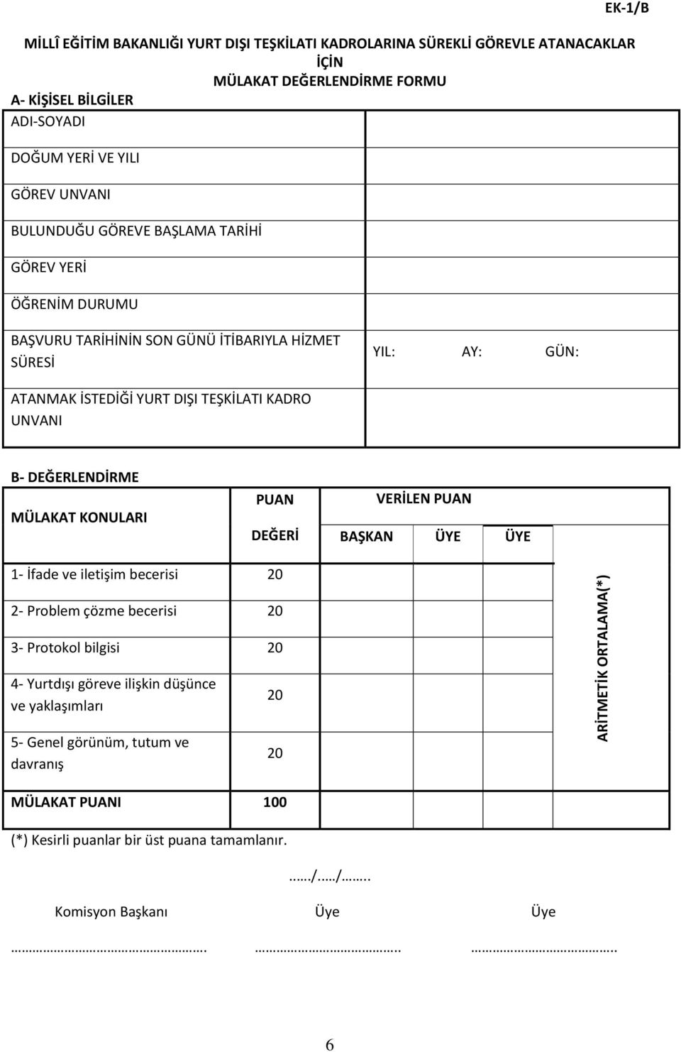 TEŞKİLATI KADRO UNVANI B- DEĞERLENDİRME MÜLAKAT KONULARI PUAN DEĞERİ VERİLEN PUAN BAŞKAN ÜYE ÜYE 1- İfade ve iletişim becerisi 20 2- Problem çözme becerisi 20 3- Protokol bilgisi 20 4-