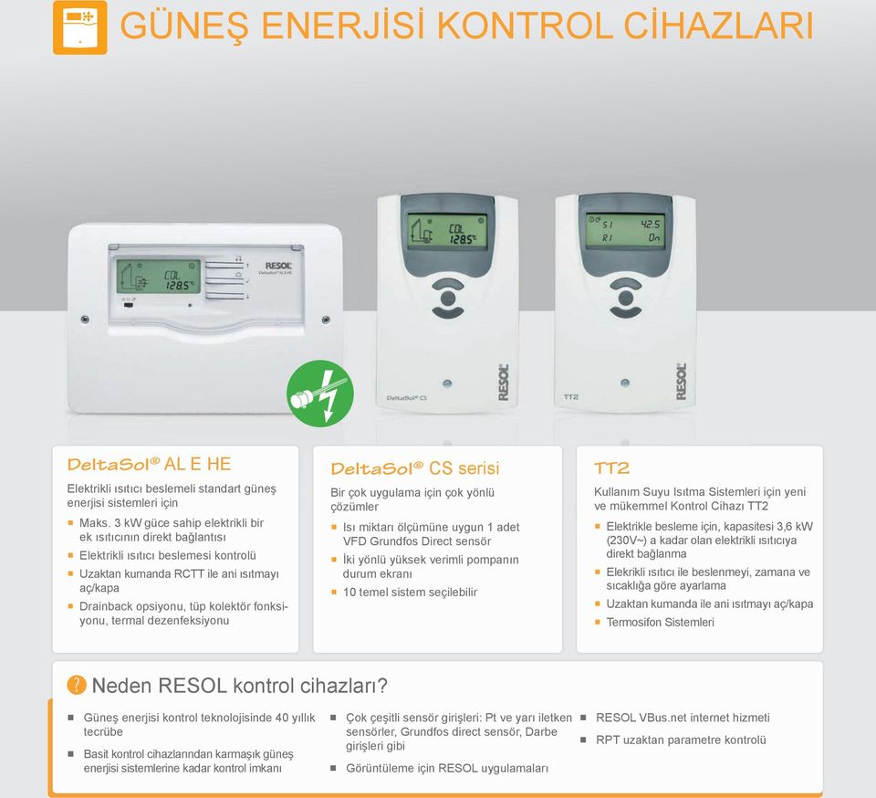 dezenfeksiyonu DeltaSol CS serisi Bir çok uygulama için çok yönlü çözümler Isı miktarı ölçümüne uygun 1 adet VFD Grundfos Direct sensör İki yönlü yüksek verimli pompanın durum ekranı 10 temel sistem