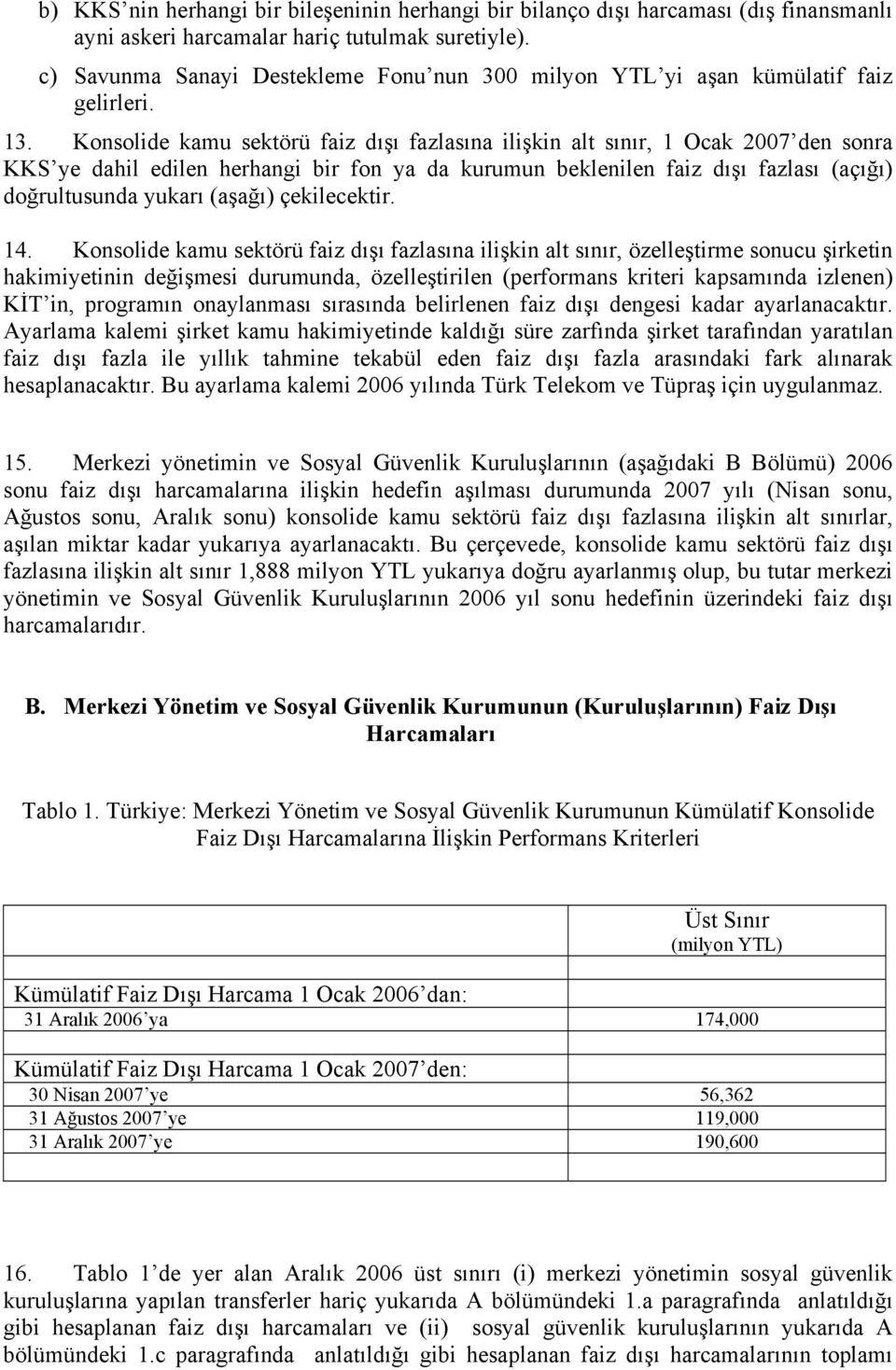 Konsolide kamu sektörü faiz dışı fazlasına ilişkin alt sınır, 1 Ocak 2007 den sonra KKS ye dahil edilen herhangi bir fon ya da kurumun beklenilen faiz dışı fazlası (açığı) doğrultusunda yukarı