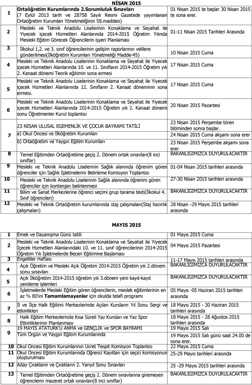 01-11 Nisan 015 Tarihleri Arasında İlkokul 1,. ve.